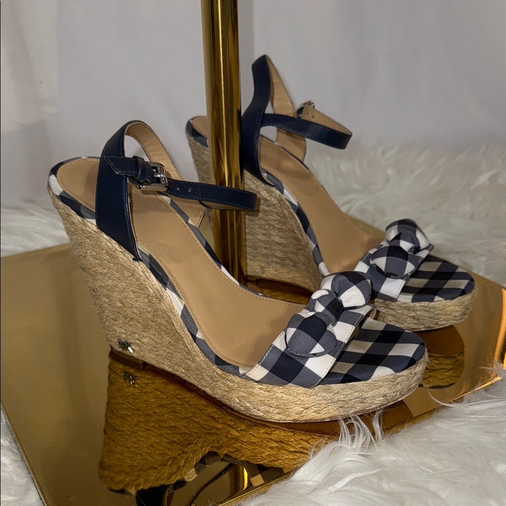 Michael Kors Navy and White Checkered Wedges